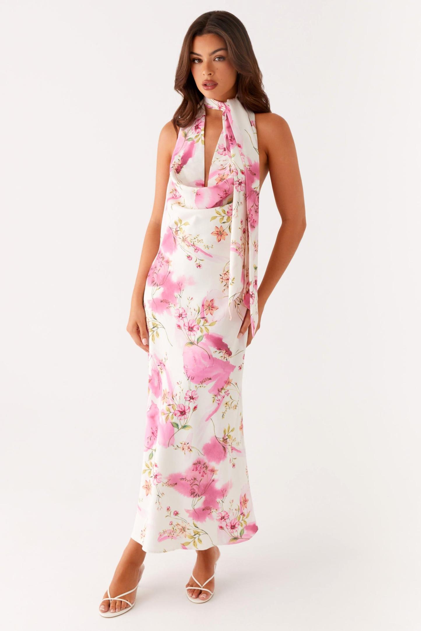 Floral Cowl Neckline Backless Midi Dress