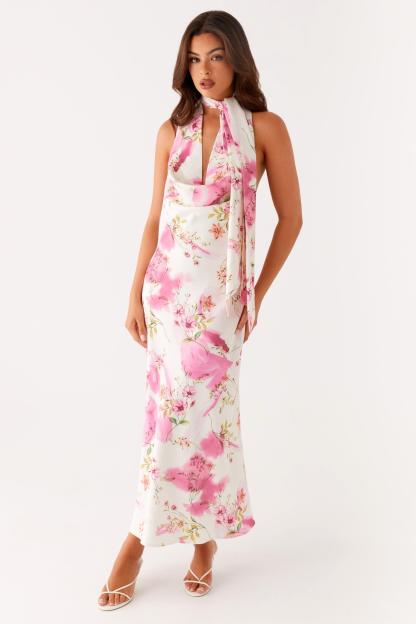Floral Cowl Neckline Backless Midi Dress