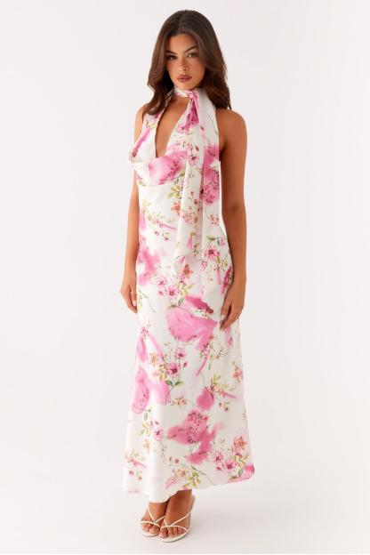 Floral Cowl Neckline Backless Midi Dress
