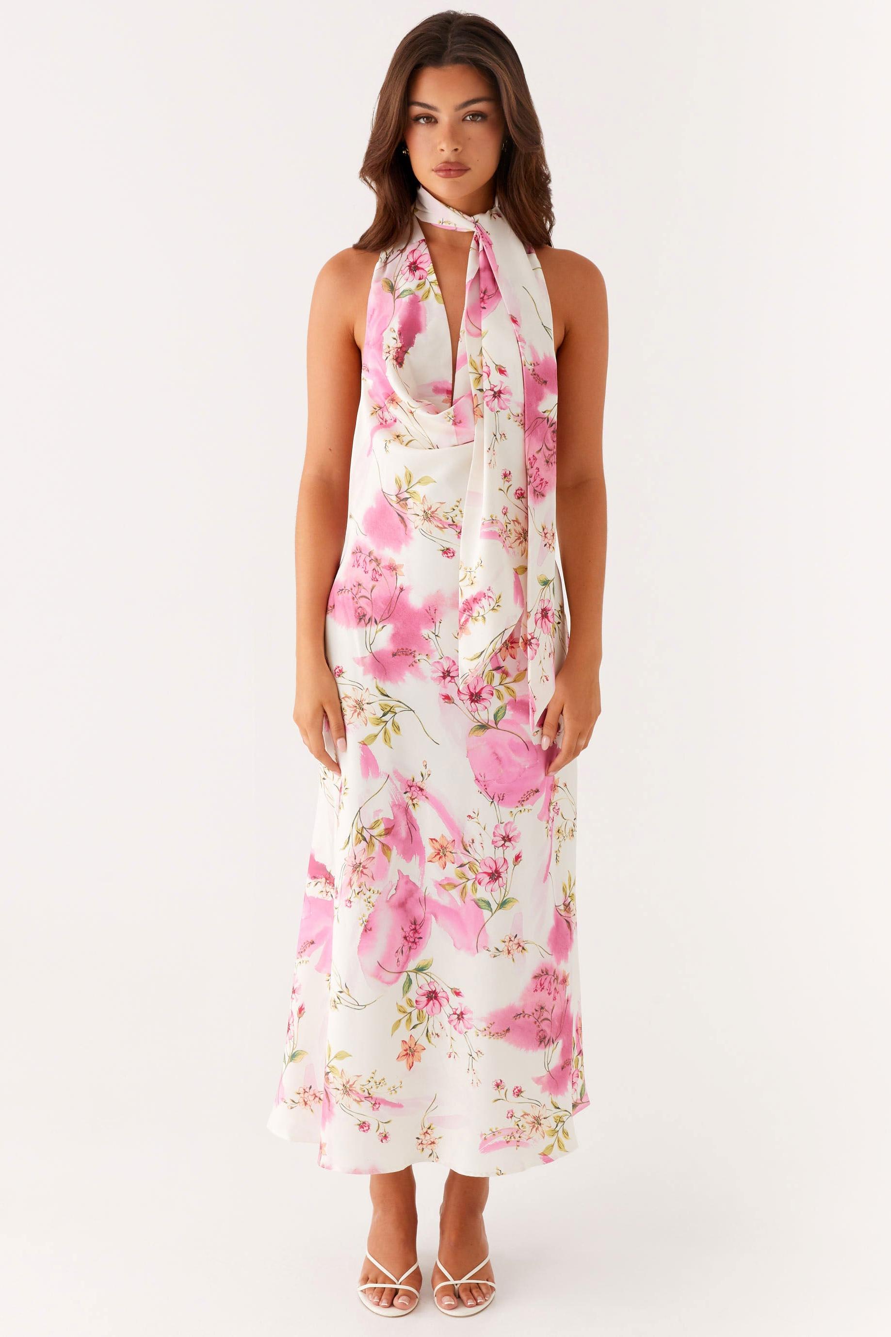 Floral Cowl Neckline Backless Midi Dress
