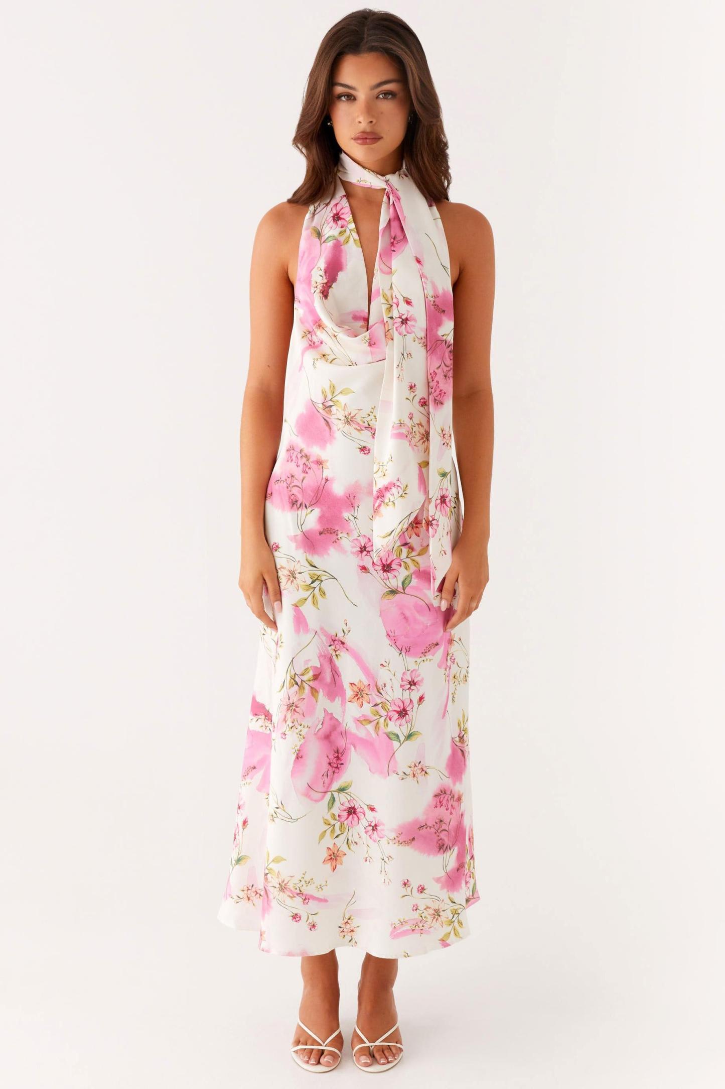 Floral Cowl Neckline Backless Midi Dress