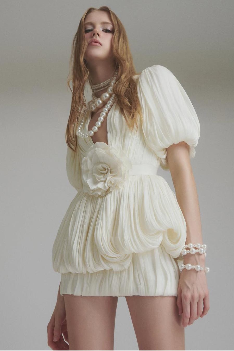 3D Flower Pleated Puff Sleeve Mini Dress