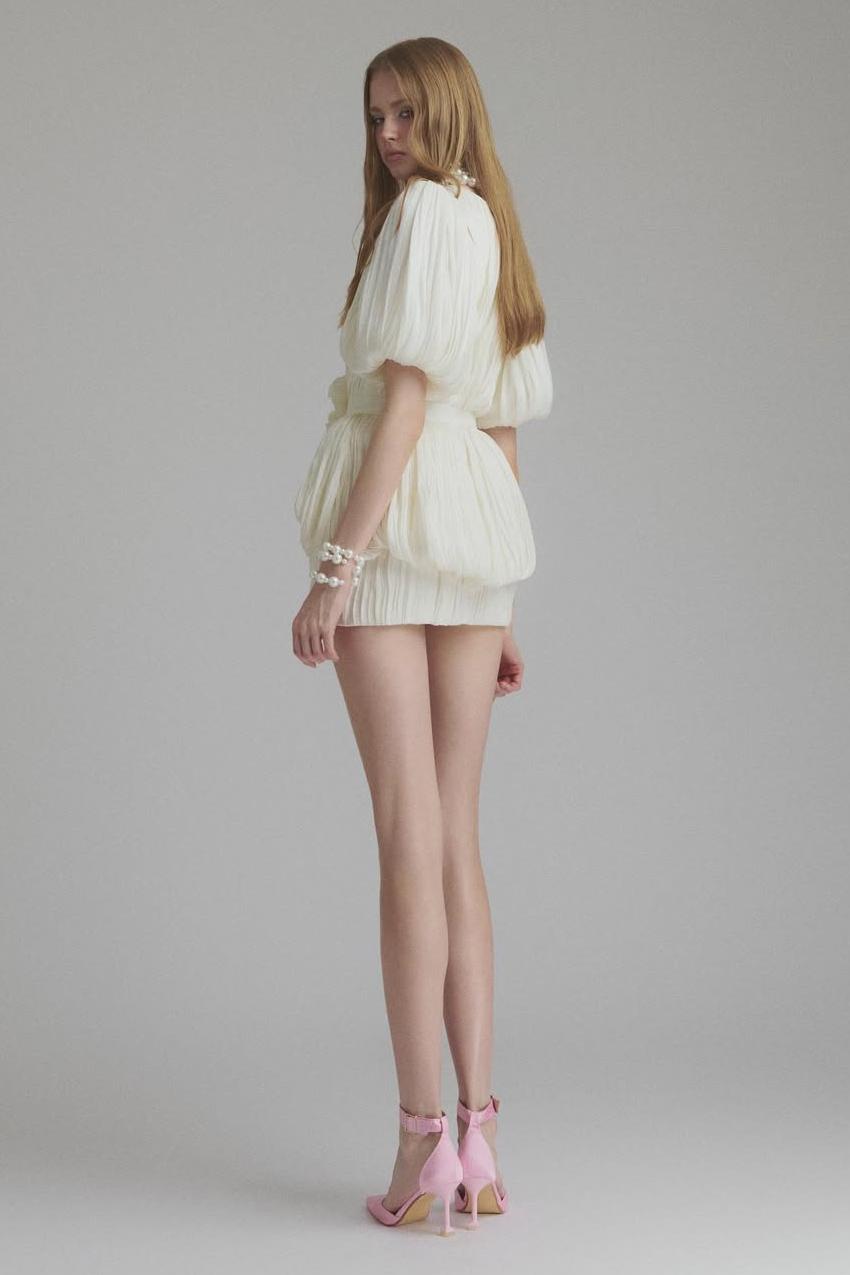 3D Flower Pleated Puff Sleeve Mini Dress