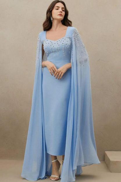 Rhinestone Faux Pearl Cape Sleeve Midi Dress