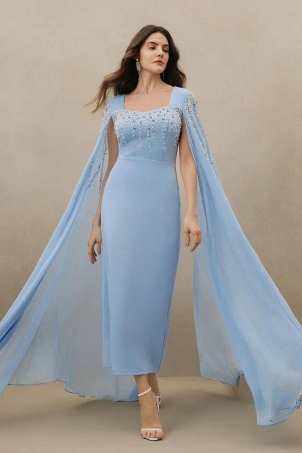 Rhinestone Faux Pearl Cape Sleeve Midi Dress