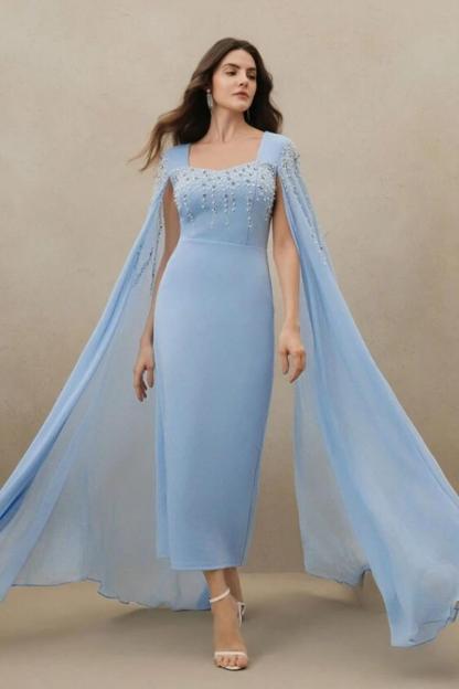 Rhinestone Faux Pearl Cape Sleeve Midi Dress