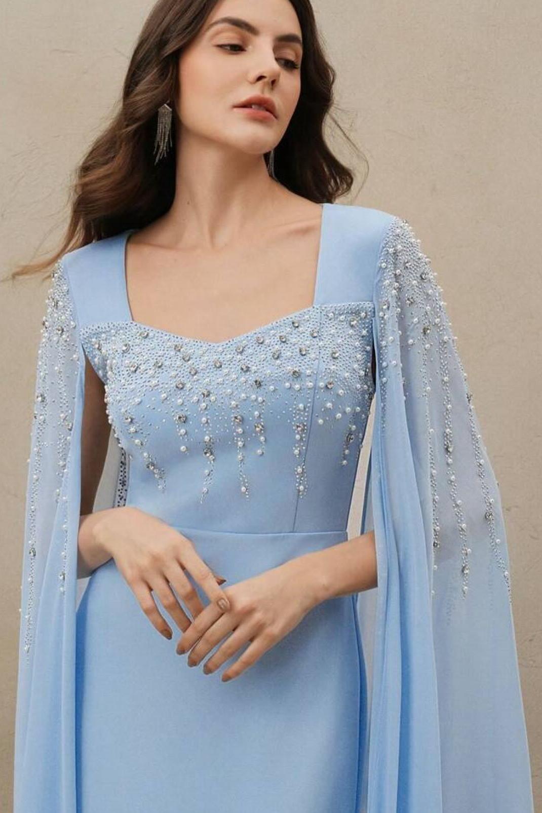 Rhinestone Faux Pearl Cape Sleeve Midi Dress
