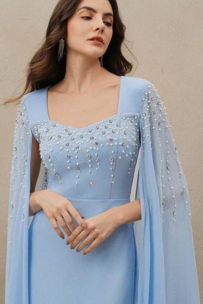 Rhinestone Faux Pearl Cape Sleeve Midi Dress