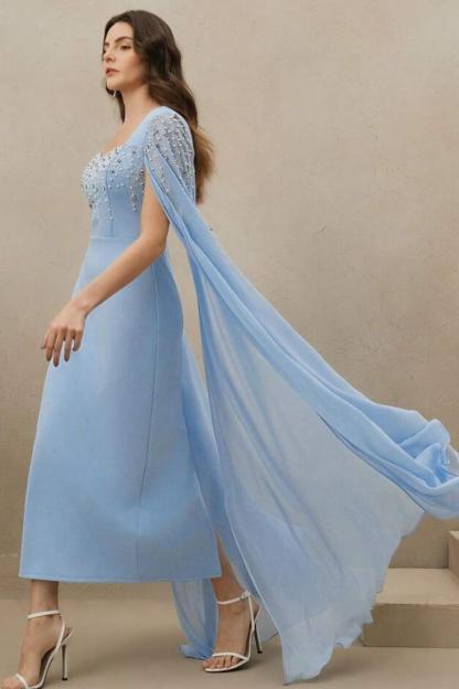Rhinestone Faux Pearl Cape Sleeve Midi Dress