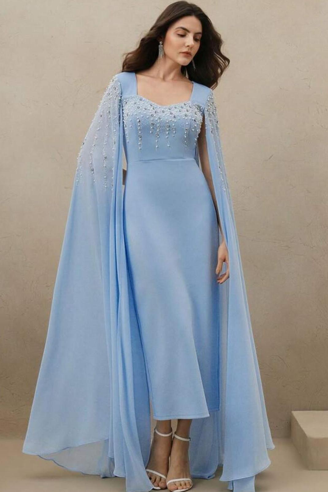 Rhinestone Faux Pearl Cape Sleeve Midi Dress