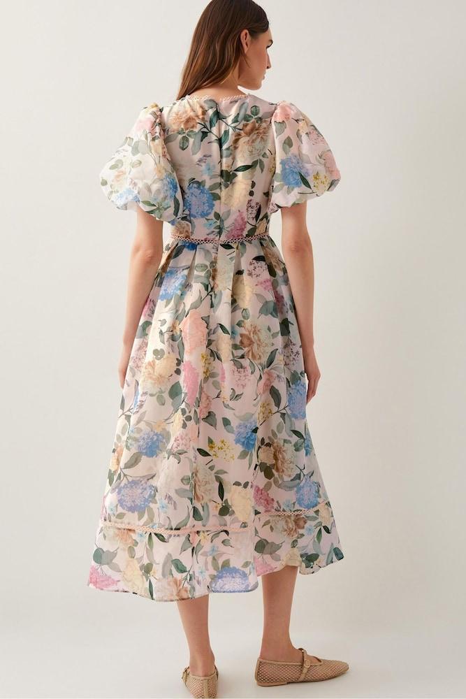 Floral V-Neck Puff Sleeve Midi Dress