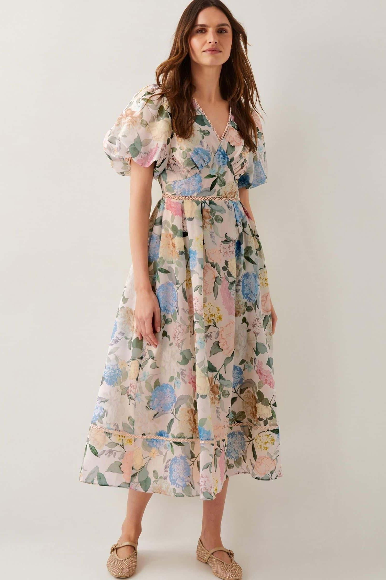 Floral V-Neck Puff Sleeve Midi Dress