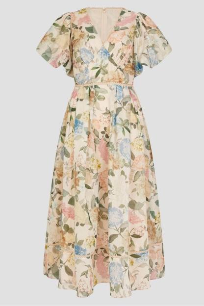Floral V-Neck Puff Sleeve Midi Dress