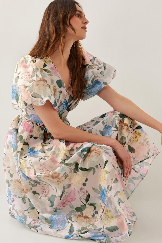 Floral V-Neck Puff Sleeve Midi Dress