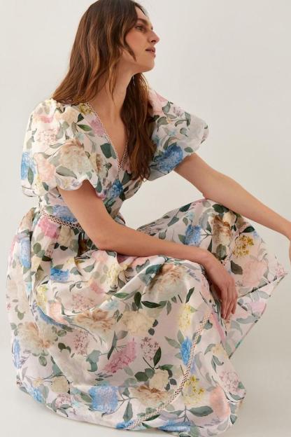 Floral V-Neck Puff Sleeve Midi Dress