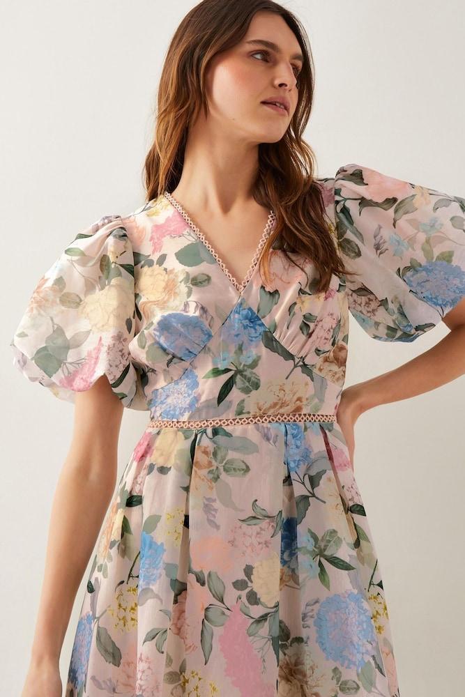 Floral V-Neck Puff Sleeve Midi Dress