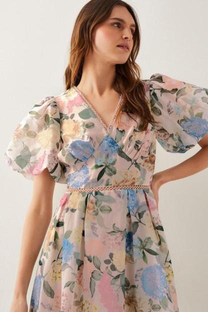 Floral V-Neck Puff Sleeve Midi Dress