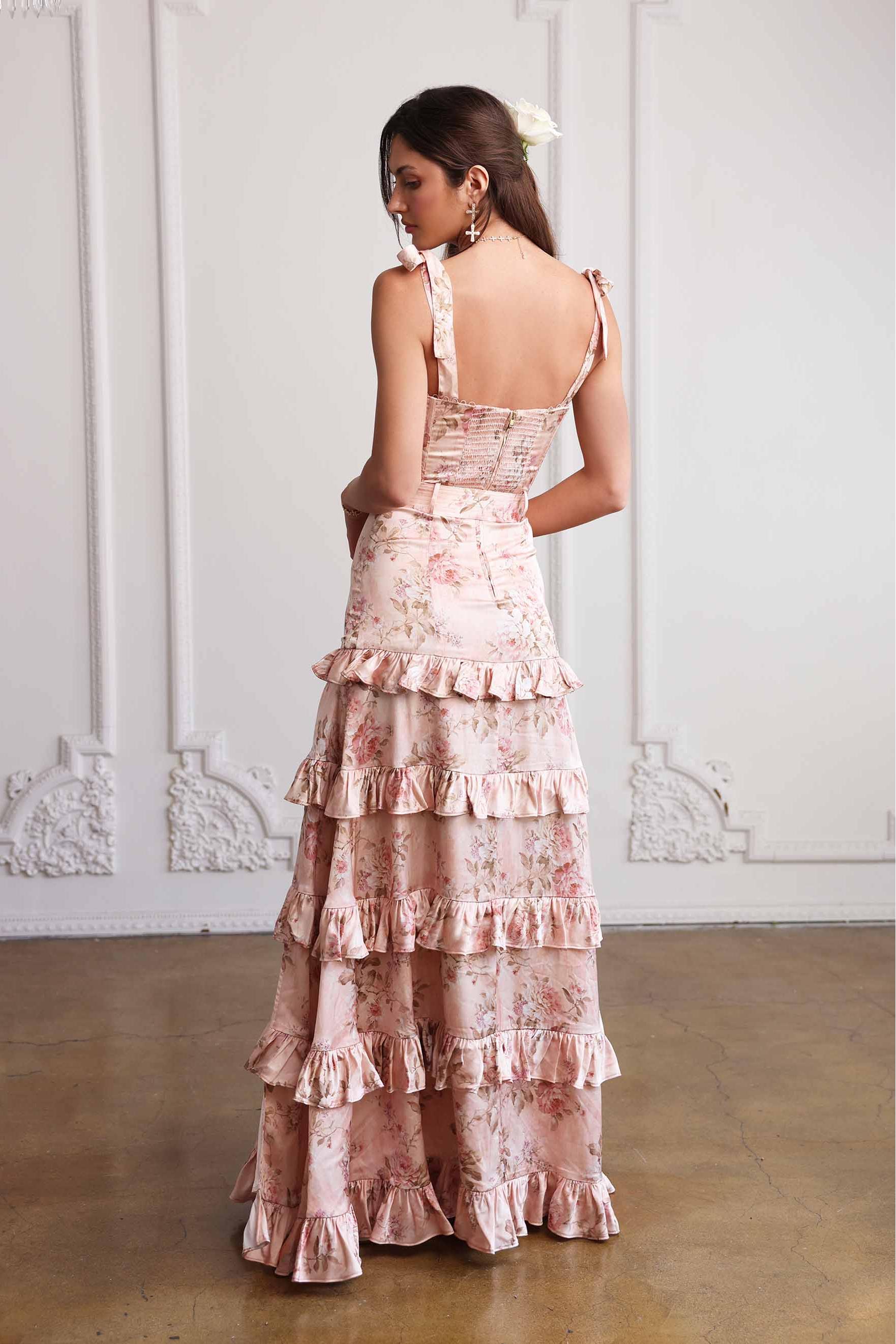 Floral Frill Sweetheart Neck Maxi Dress