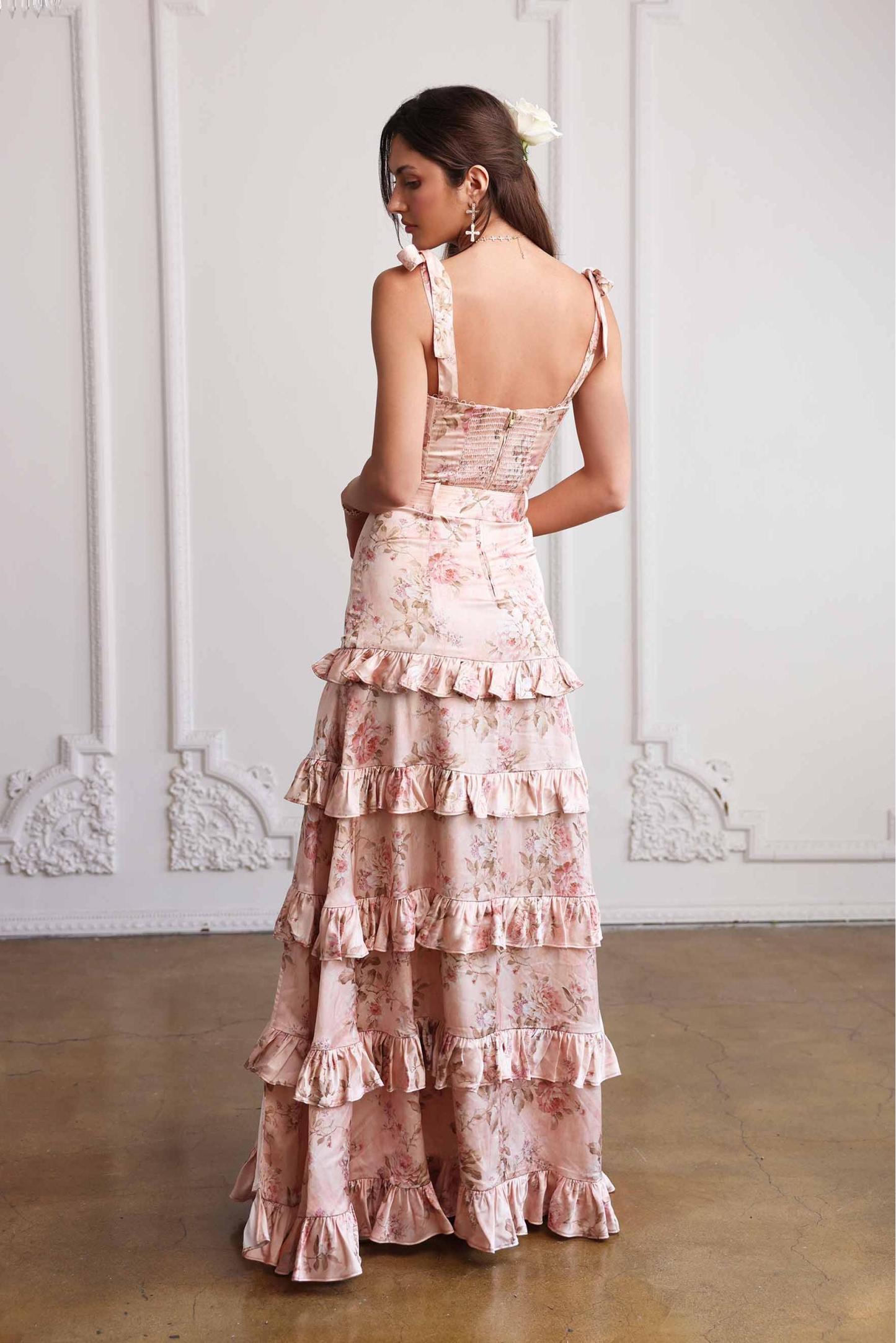 Floral Frill Sweetheart Neck Maxi Dress