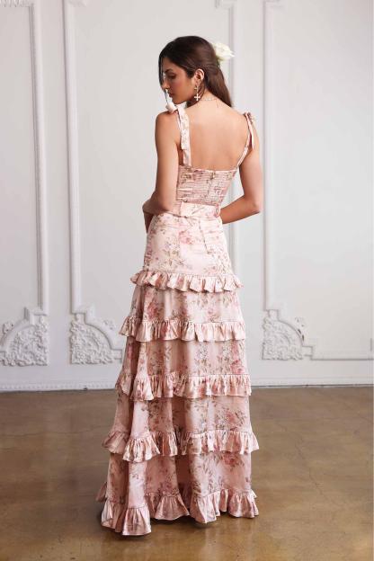 Floral Frill Sweetheart Neck Maxi Dress