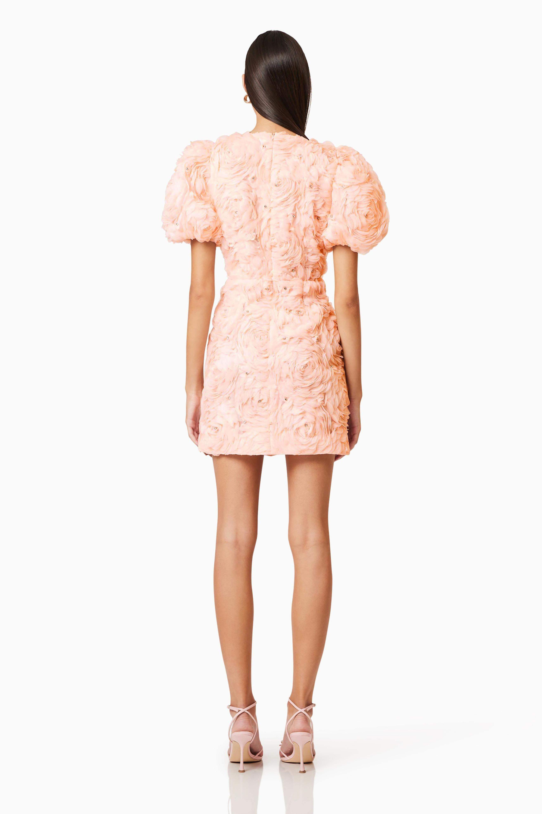 3D Flower Rhinestone Puff Sleeve Mini Dress