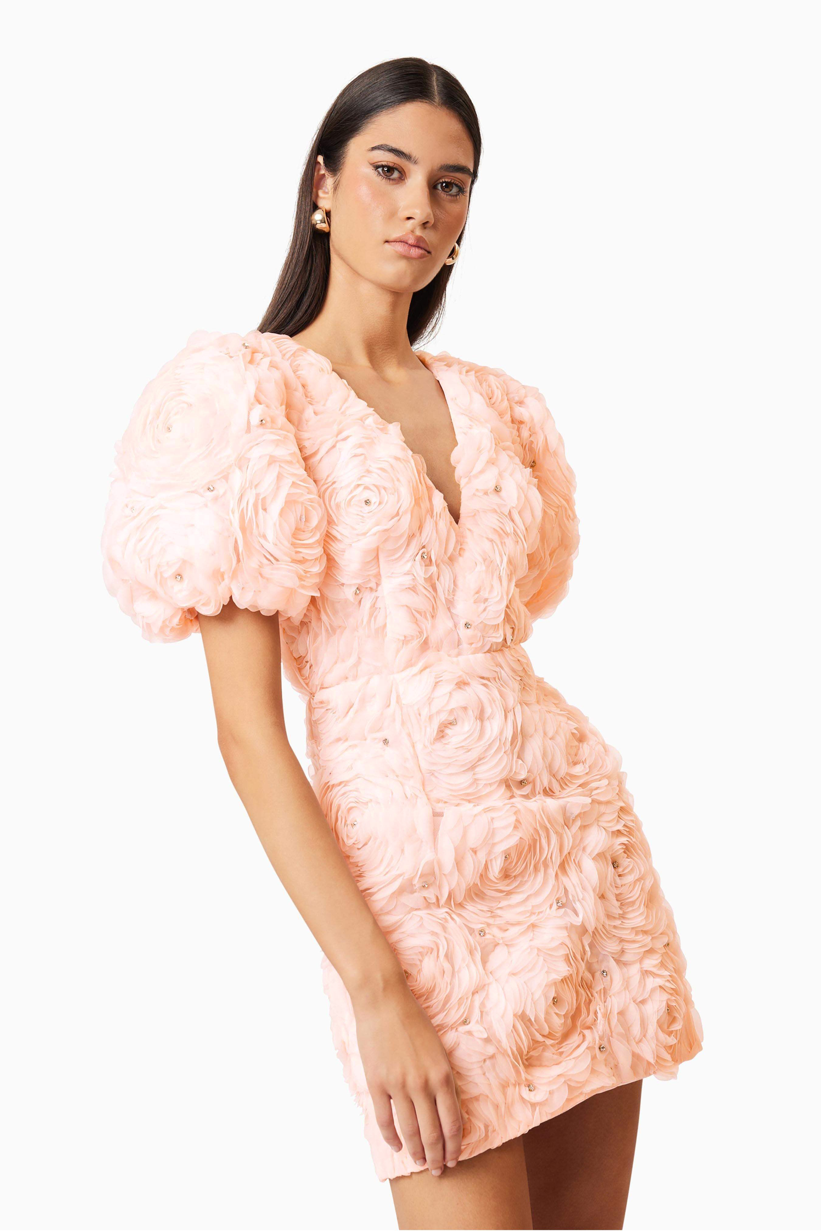 3D Flower Rhinestone Puff Sleeve Mini Dress