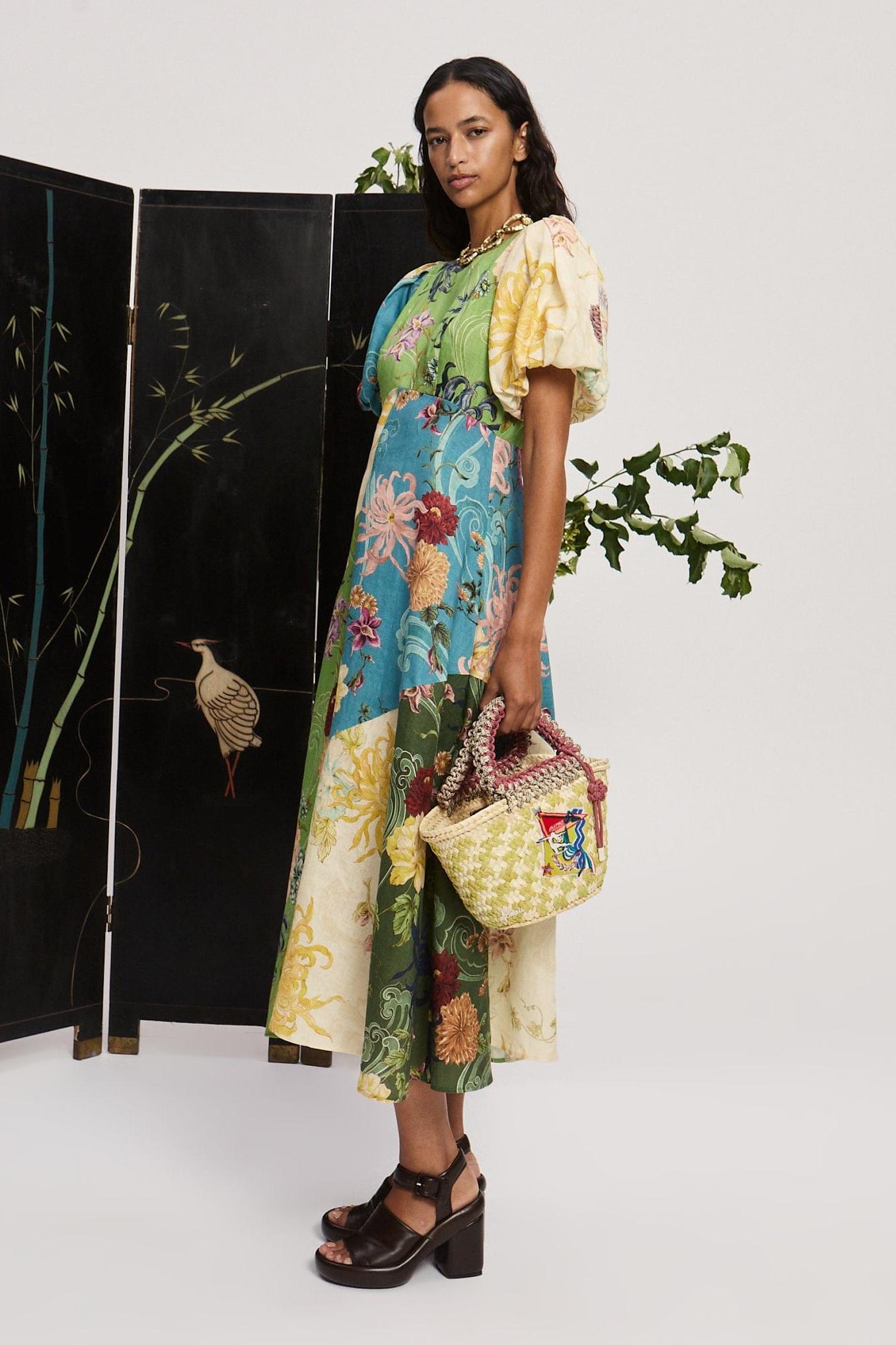Floral Splicing Puff Sleeve Midi Dress
