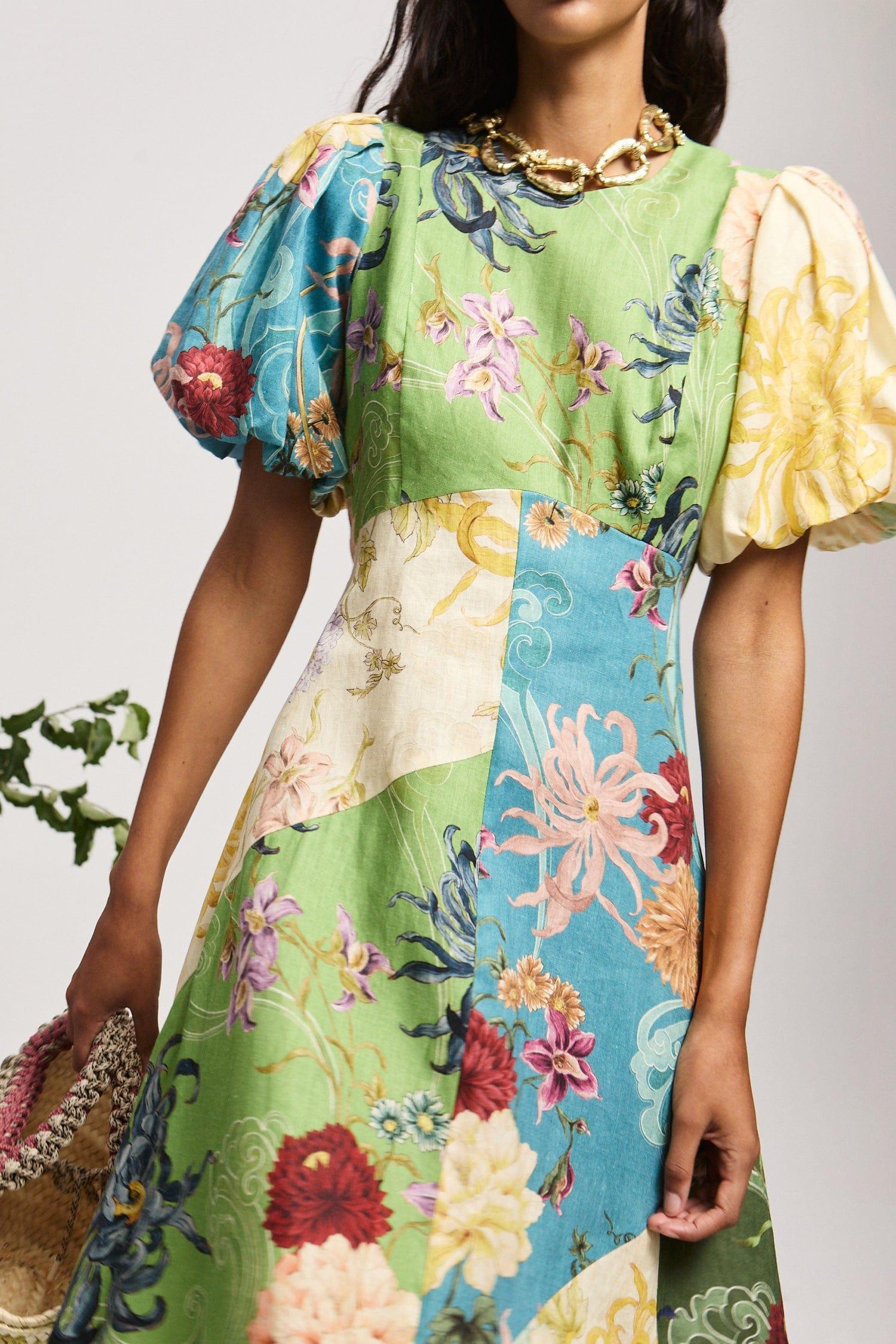 Floral Splicing Puff Sleeve Midi Dress
