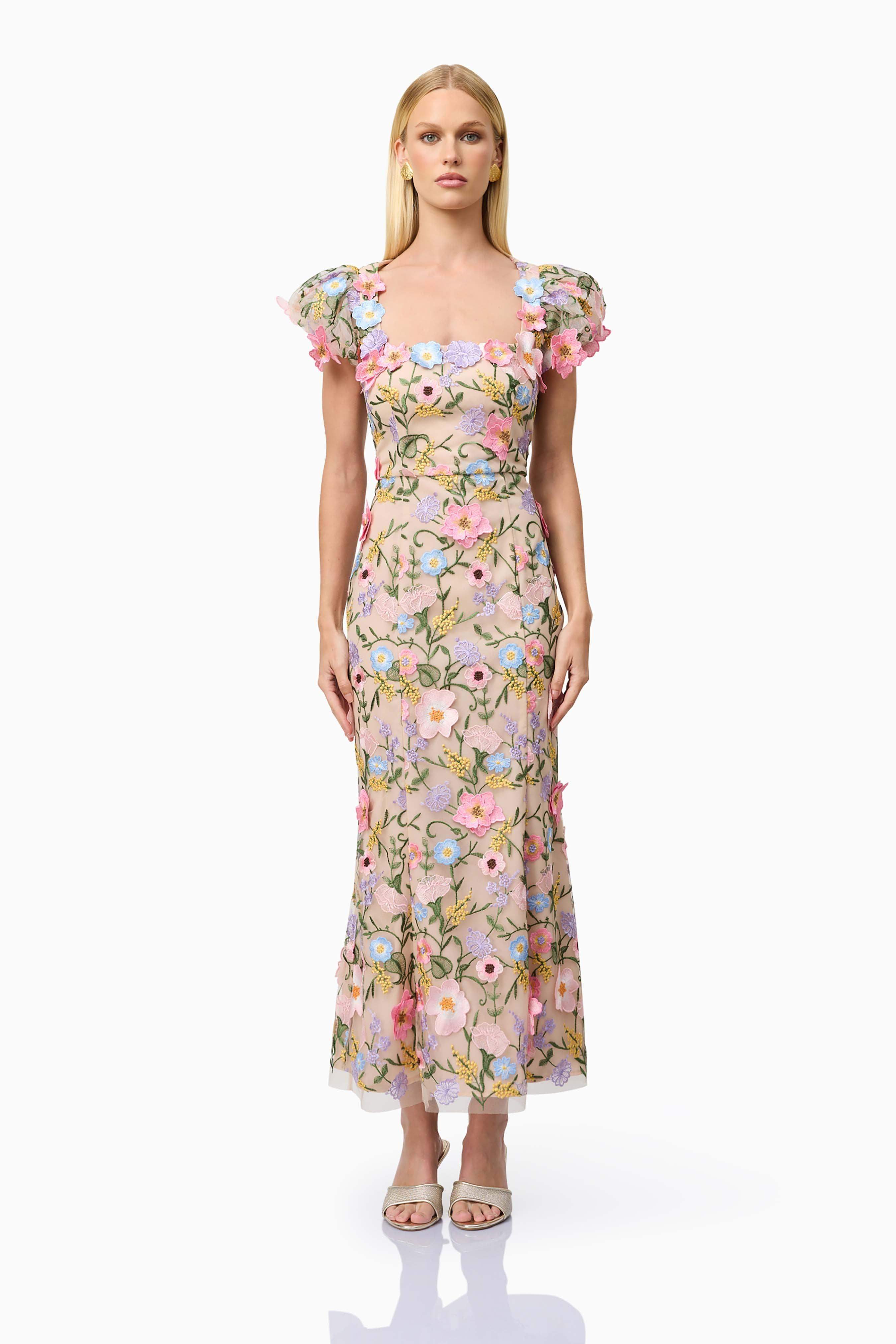 Embroidered Square Collar Puff Sleeve Midi Dress