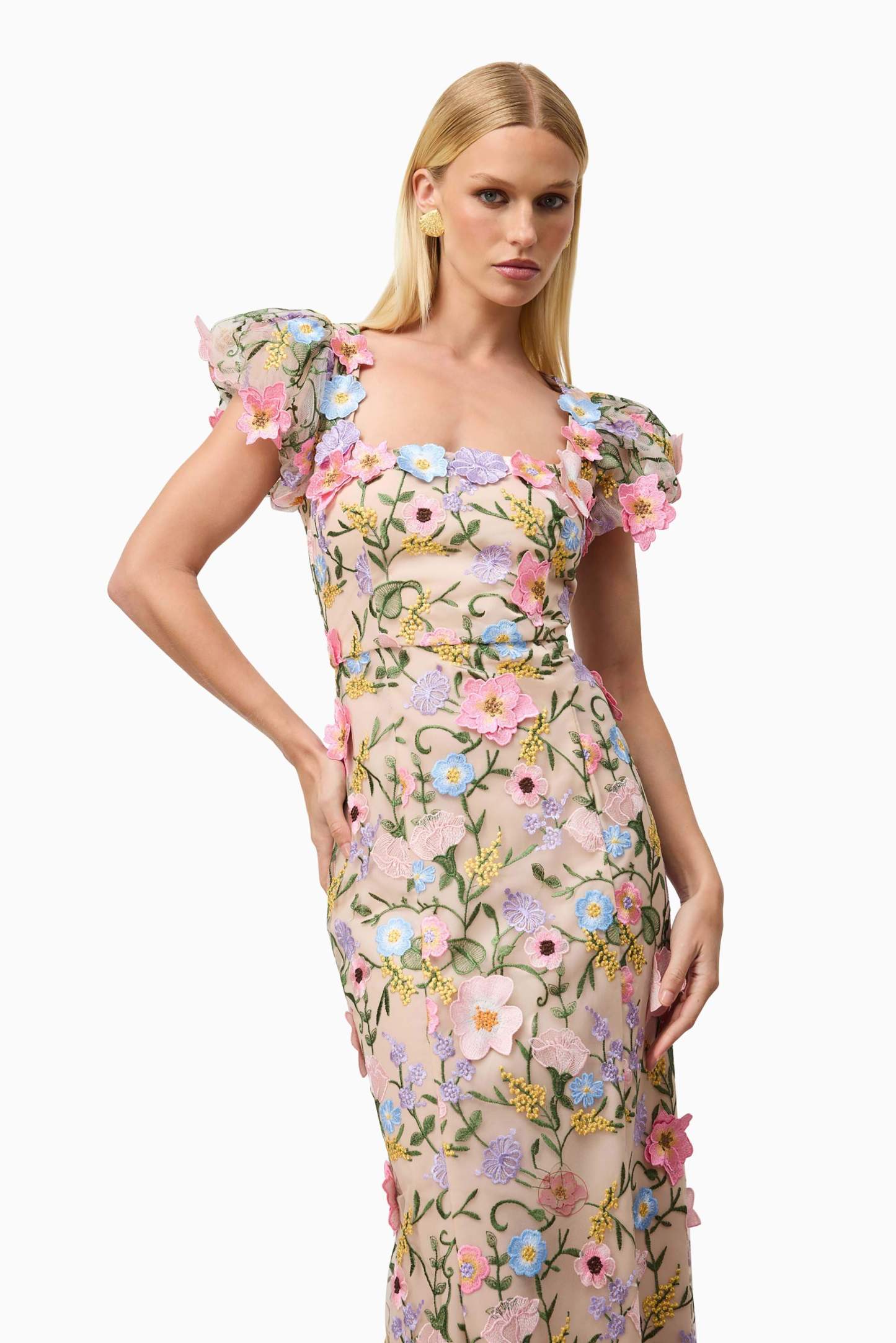Embroidered Square Collar Puff Sleeve Midi Dress