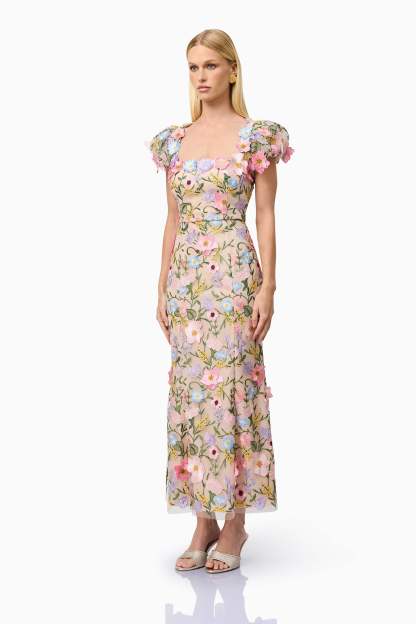 Embroidered Square Collar Puff Sleeve Midi Dress