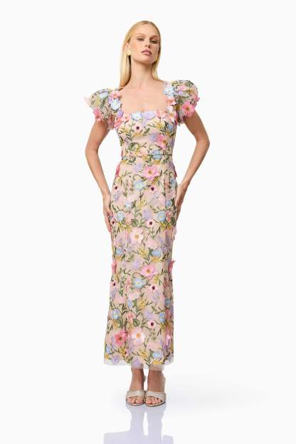 Embroidered Square Collar Puff Sleeve Midi Dress