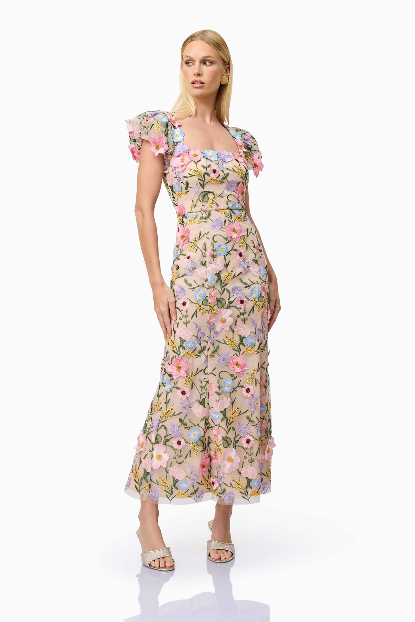 Embroidered Square Collar Puff Sleeve Midi Dress