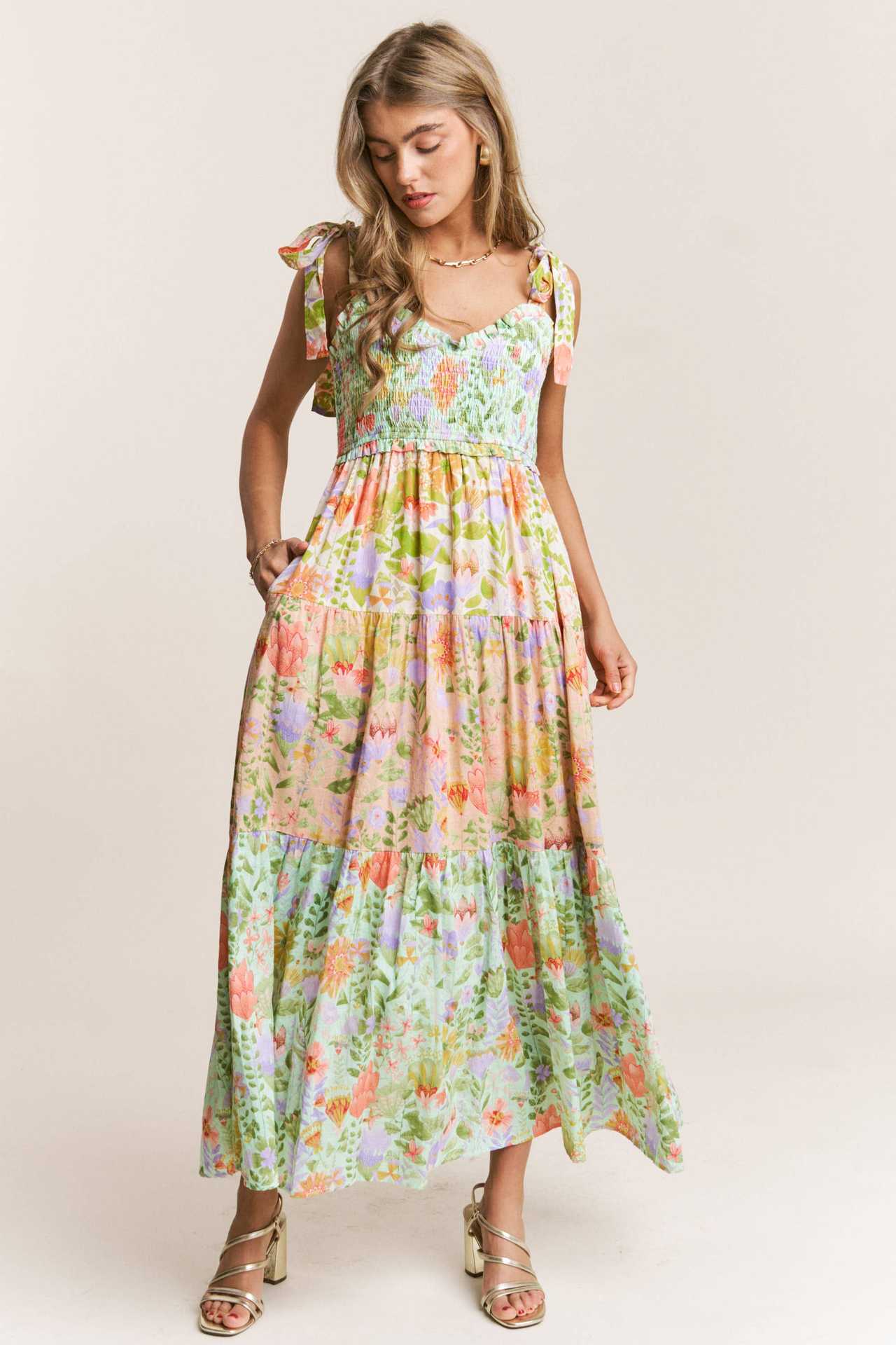Floral Smocking Slip Midi Dress