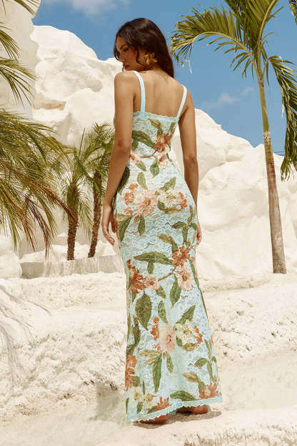 Lace Floral Sweetheart Neck Maxi Dress