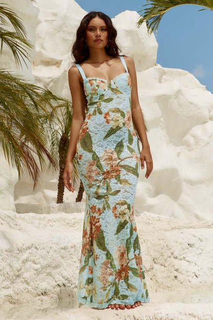 Lace Floral Sweetheart Neck Maxi Dress