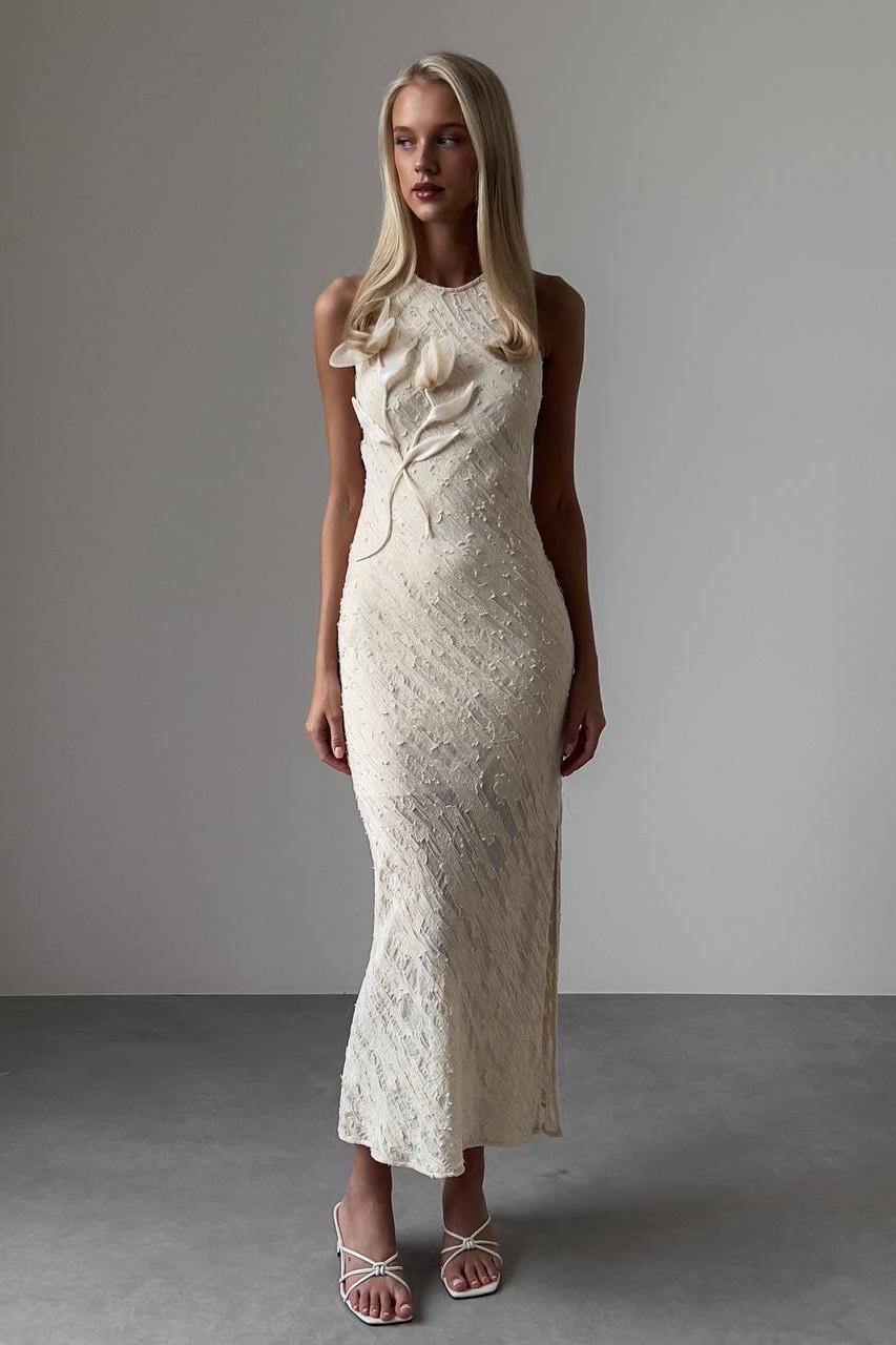 3D Flower Round Neck Sleeveless Midi Dress