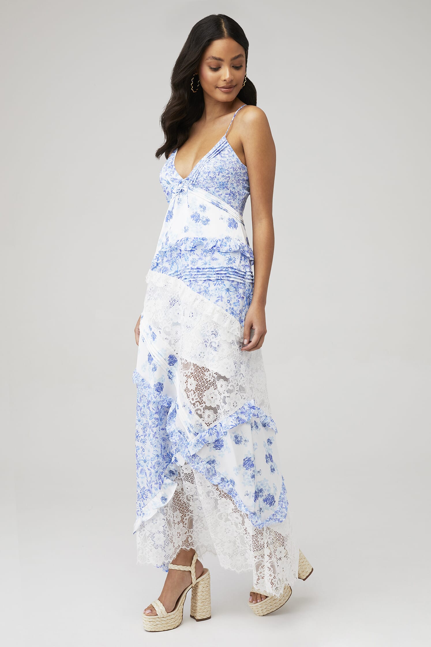Floral Splicing Lace Slip Midi Dress