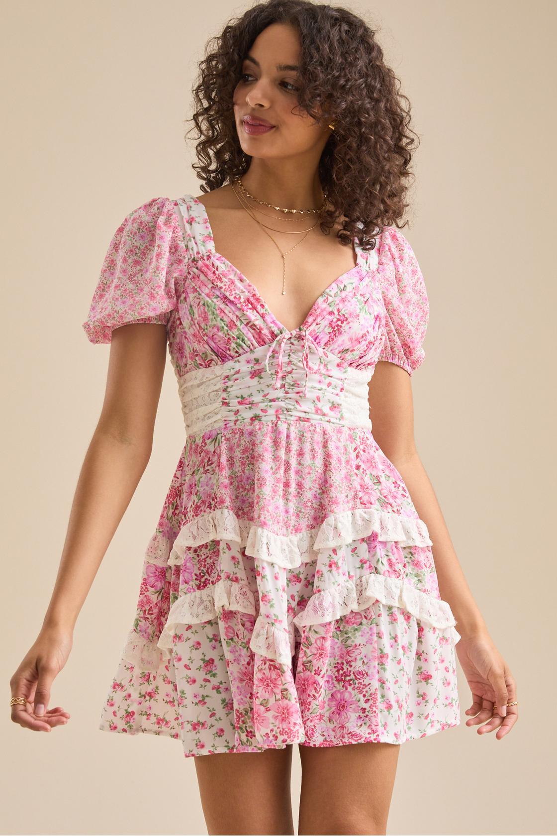 Floral Lace Puff Sleeve Mini Dress