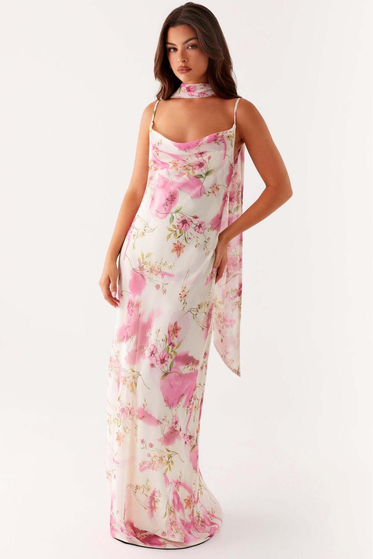 Floral Cowl Neckline Slip Maxi Dress