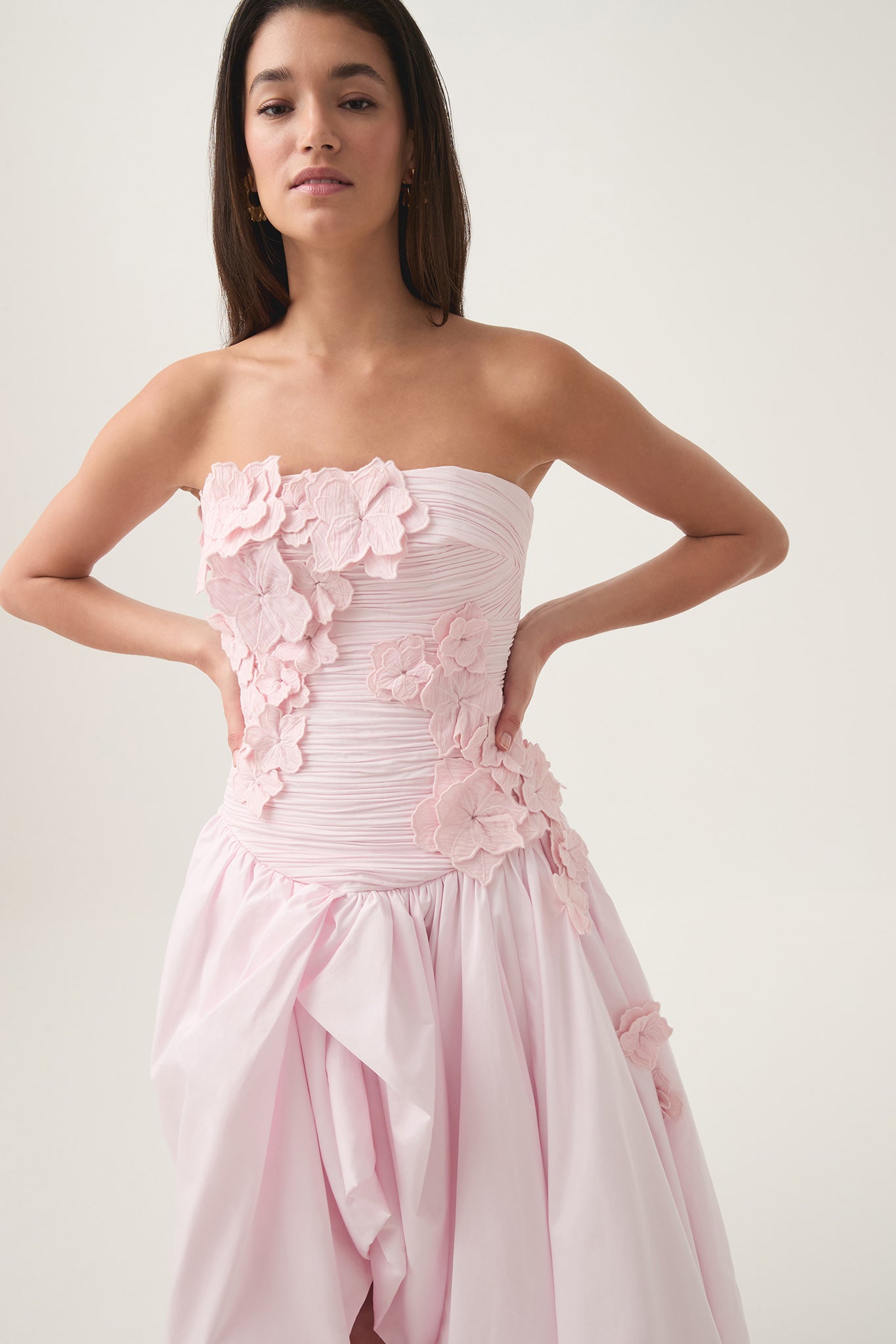 Appliquéd 3D Flower Strapless Midi Dress
