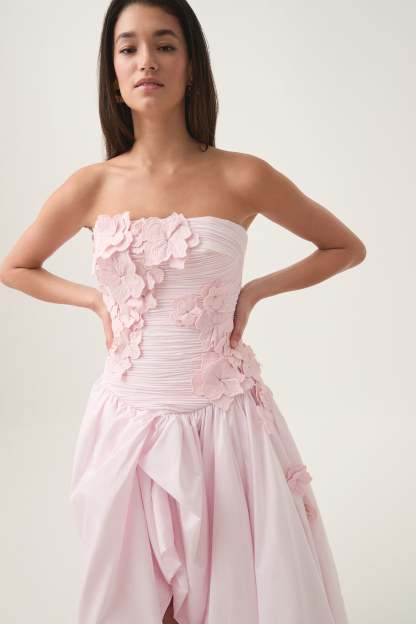 Appliquéd 3D Flower Strapless Midi Dress