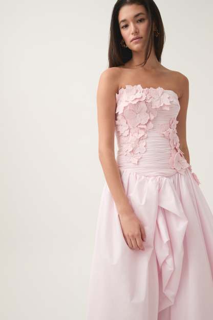 Appliquéd 3D Flower Strapless Midi Dress