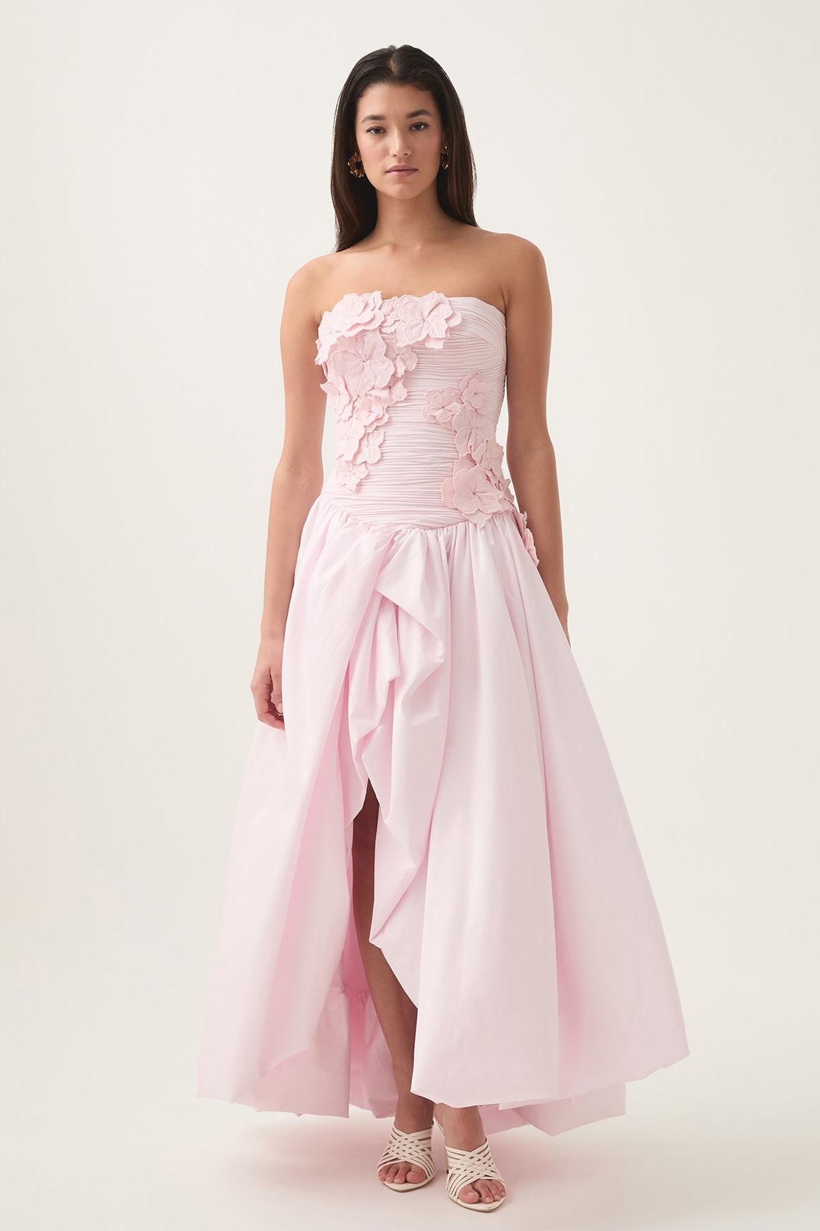 Appliquéd 3D Flower Strapless Midi Dress
