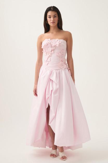 Appliquéd 3D Flower Strapless Midi Dress