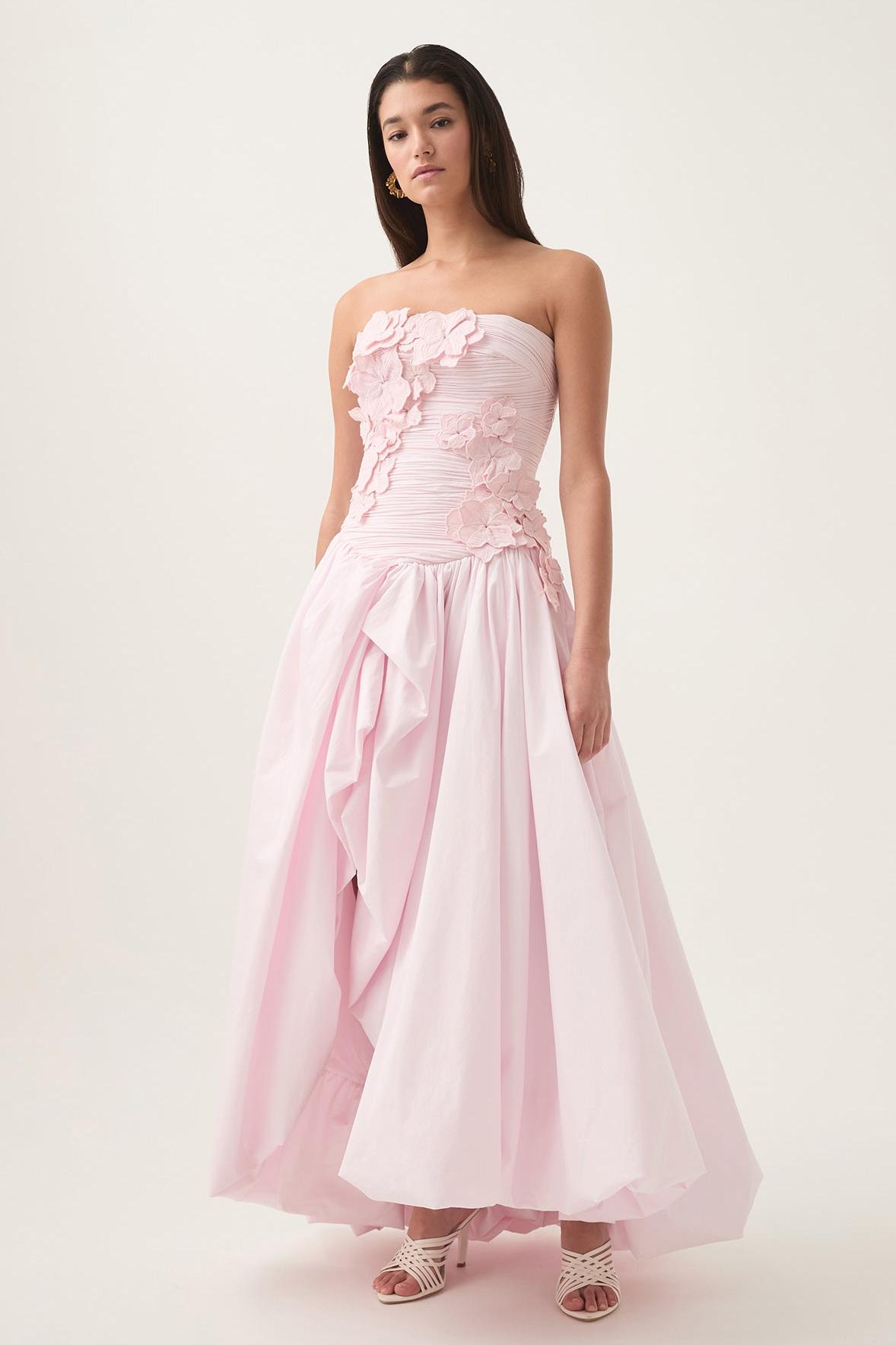 Appliquéd 3D Flower Strapless Midi Dress