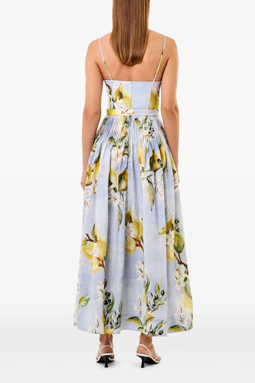 Fruit Print Pleated Midi Dress With Belt