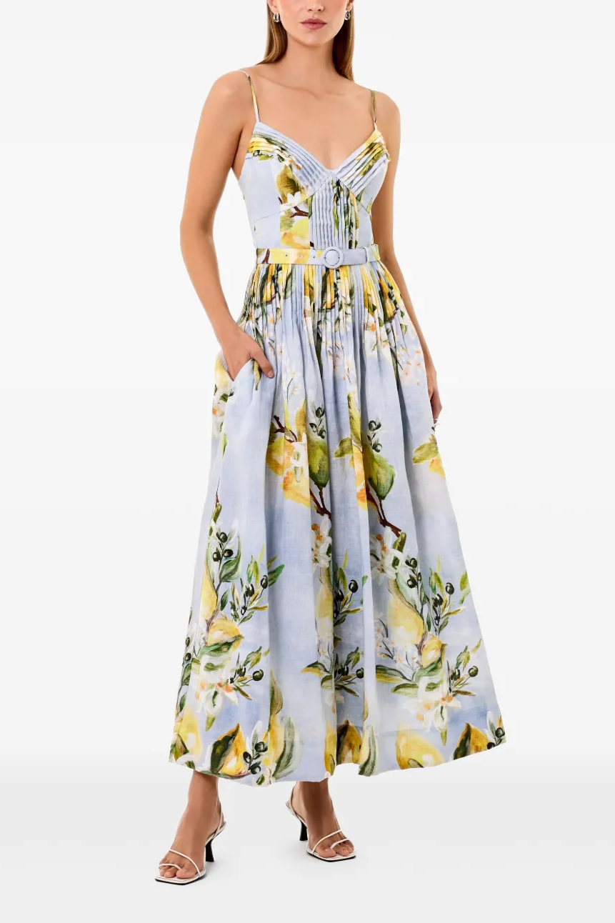 Fruit Print Pleated Midi Dress With Belt