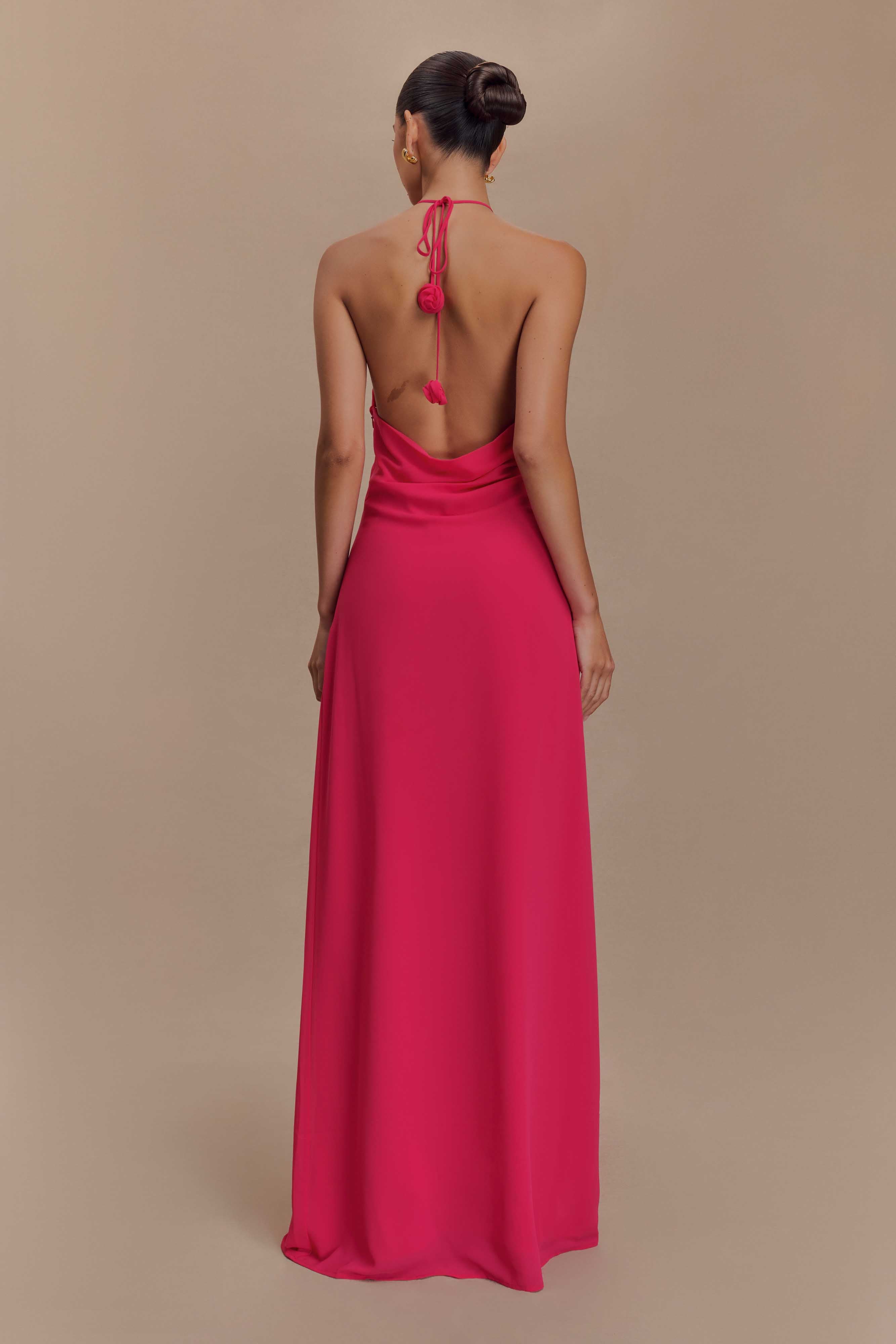 3D Flower Chiffon Halter Neck Maxi Dress