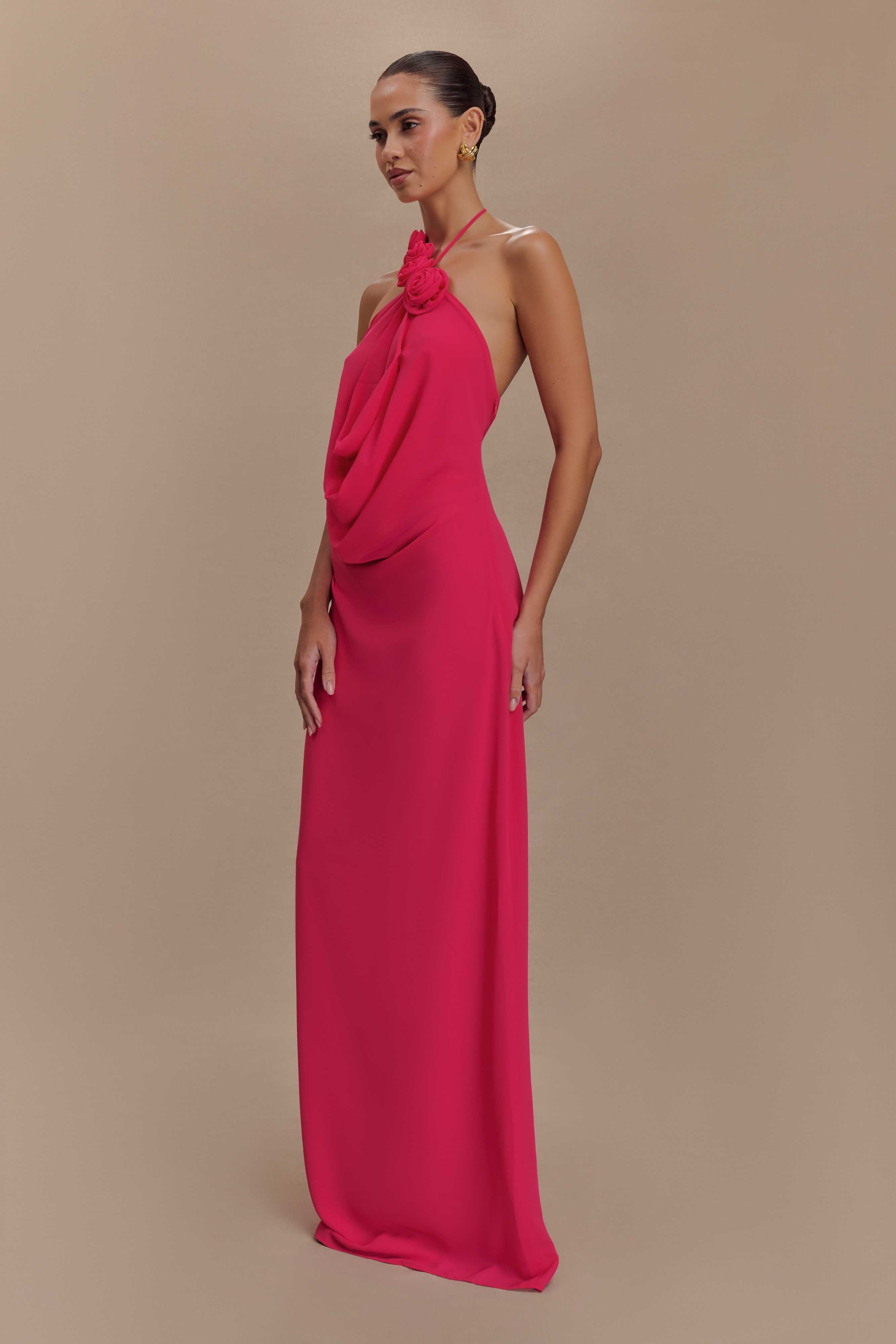 3D Flower Chiffon Halter Neck Maxi Dress